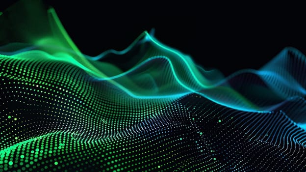 Immerse yourself in the mesmerizing dance of flowing dot particles, forming a 3D curve pattern against a backdrop of blue and green gradient light. Isolated on a black background, this captivating vector illustration embodies the fusion of AI technology, science, and music, offering a glimpse into the harmony of innovation and creativity.