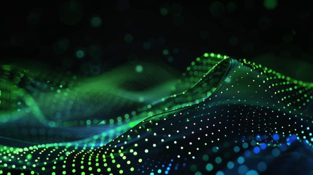 Immerse yourself in the mesmerizing dance of flowing dot particles, forming a 3D curve pattern against a backdrop of blue and green gradient light. Isolated on a black background, this captivating vector illustration embodies the fusion of AI technology, science, and music, offering a glimpse into the harmony of innovation and creativity.