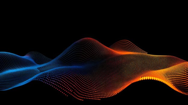 Delve into the rhythmic motion of flowing regular dot particles, crafting a mesmerizing 3D curve pattern against a backdrop of blue and orange gradient light. Isolated on a black background, this captivating vector illustration embodies the fusion of AI technology, science, and music, offering a glimpse into the harmonious convergence of innovation and creativity.