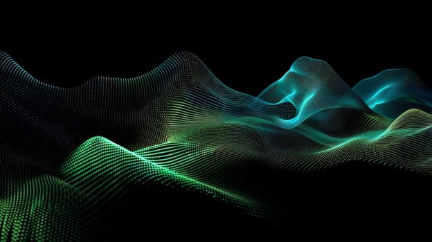 Dive into the mesmerizing flow of dot particles, shaping a 3D sinus curve pattern in vibrant blue and green hues against a striking black background. This vector illustration embodies the essence of AI technology, science, and music, offering a harmonious fusion of innovation and creativity.