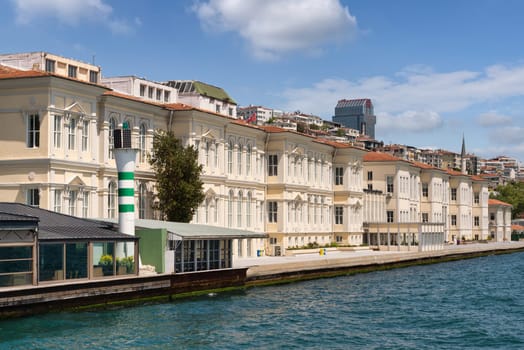 Istanbul, Turkey - May 8, 2023: View from Bosphorus Strait of Mimar Sinan Fine Art University, located beside Galata Port, Karakoy district