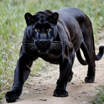 A black panther sneaks through the undergrowth looking for food