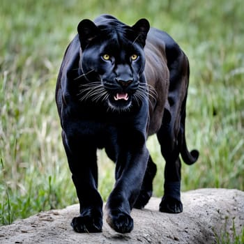 A black panther sneaks through the undergrowth looking for food