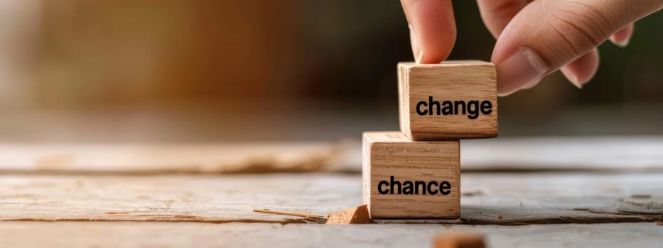 Witness the pivotal moment of personal and career development as a hand delicately stacks two wooden cubes. One cube bears the word "change,"" while the other carries ""chance,"" symbolizing the transformative power of choices. Captured with a shallow depth of field, this photograph highlights the significance of this transformative journey."