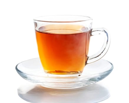 Cup of tea isolated on white background with reflection and copy space, AI generated