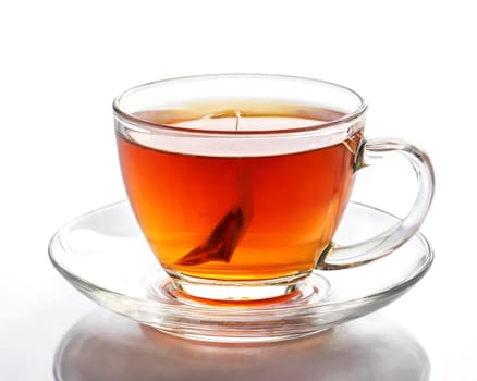 Cup of tea isolated on white background with reflection and copy space, AI generated