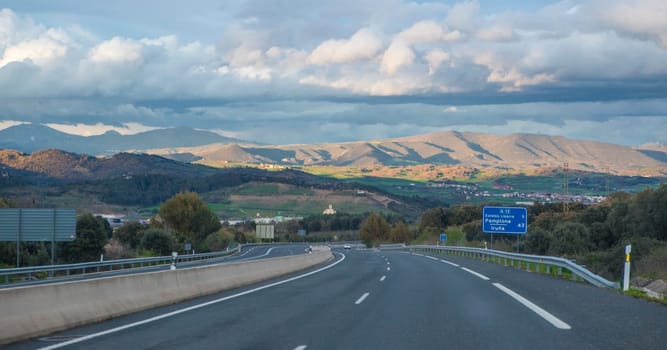 Driving along A-12 highway. Also known as Autovia del Camino de Santiago between Pamplona and Burgos. Shadow toll section