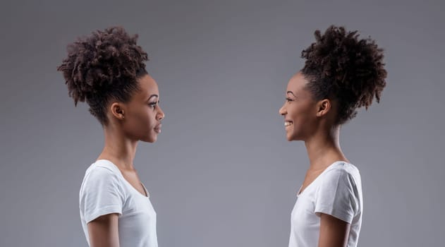 Judgement and joy clash in a visual self-dialogue between two expressions of the same black woman