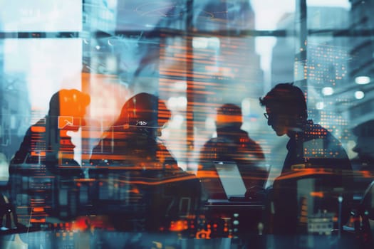 Business team collaborating in a financial district captured in a double exposure image