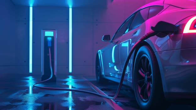 Dive into the forefront of automotive innovation with an electrifying image showcasing a power supply connected to an electric vehicle charging battery. This EV charging station, designed for electric and plug-in hybrid cars, epitomizes cutting-edge technology and sustainable transportation concepts.