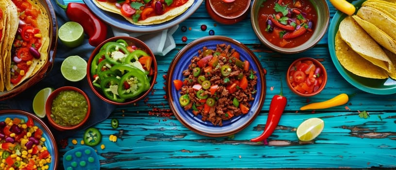 A vibrant feast of Mexican tacos, fresh salsas, and assorted sides spread on a vivid blue wooden table