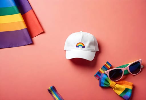 AI generated of a hat, sunglasses, and rainbow flag on a pink background