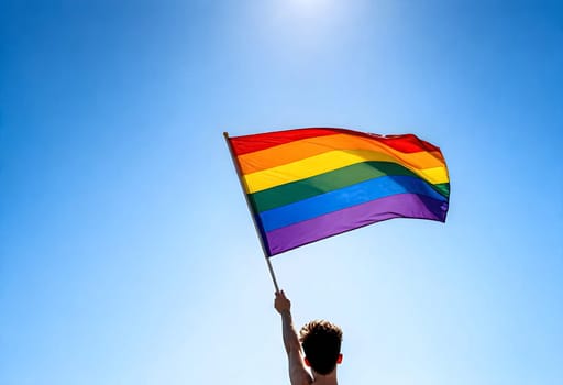 AI generated of a man holding a rainbow flag in the sky with sun