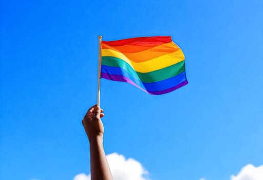 AI generated of a person holding a rainbow flag in front of a blue sky