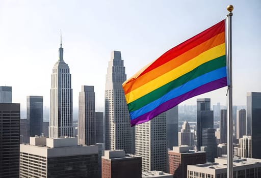 AI generated of new york city's rainbow flag flies over the city's skyline