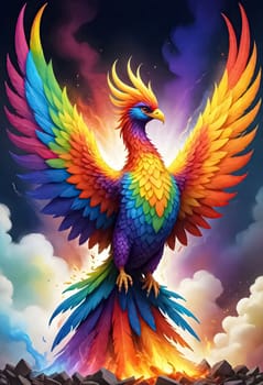 AI generated of phoenix rising, a colorful firebird with rainbow wings