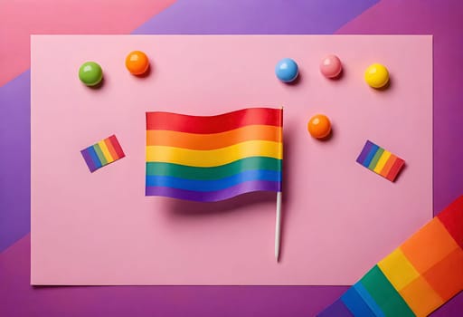 AI generated of a pink and purple poster with arainbow flag and candy