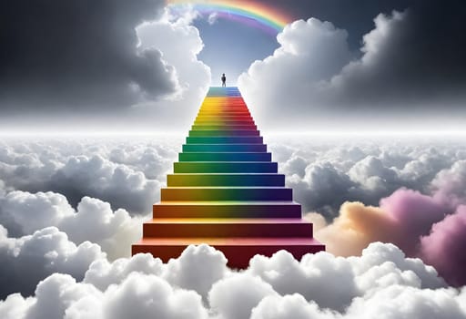 AI generated of a person standing on a rainbow ladder in the sky