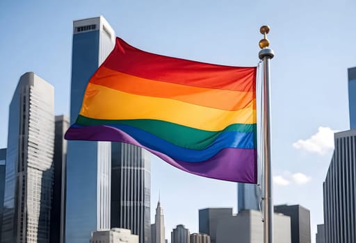 AI generated of a rainbow flag is flying in the sky above a city