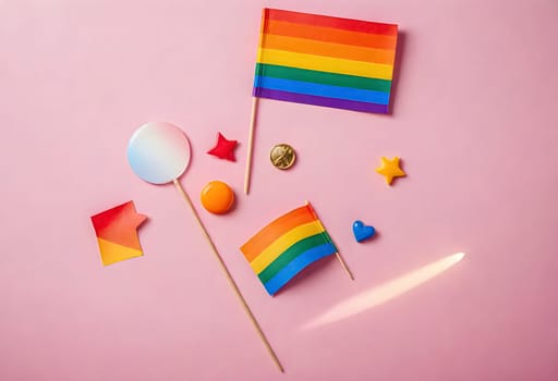 AI generated of a rainbow flag, a rainbow flag pin, and other items on a pink background
