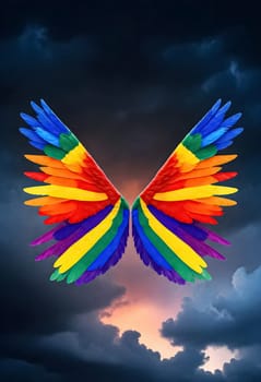 AI generated of rainbow angel wings on a cloudy sky with a rainbow background