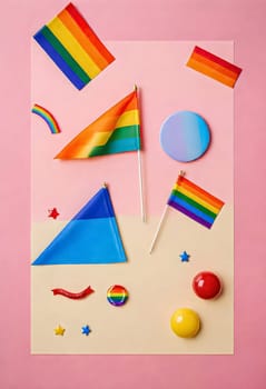 AI generated of a rainbow flag, rainbow pins, and other items on a pink background