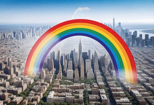 AI generated of rainbow in the sky over a city with buildings in the background