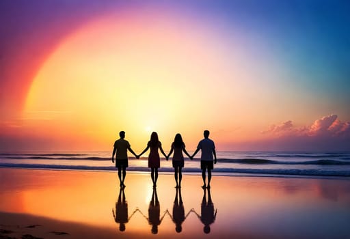 AI generated of a group of people standing on the beach holding hands