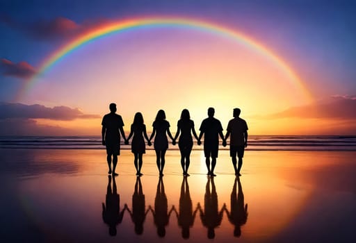 AI generated of a group of people standing on the beach holding hands in front of a rainbow