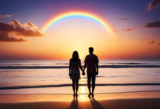 AI generated of couple holding hands on the beach at sunset with rainbow