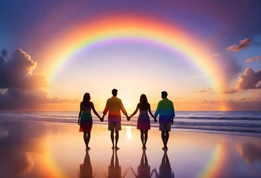 AI generated of four people holding hands on a beach with a rainbow in the sky