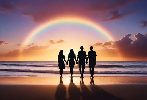AI generated of four people are standing on the beach and the rainbow is in the sky