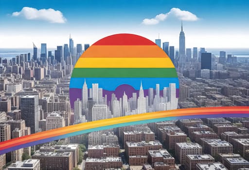 AI generated of a rainbow in the sky over a city with a rainbow in the middle