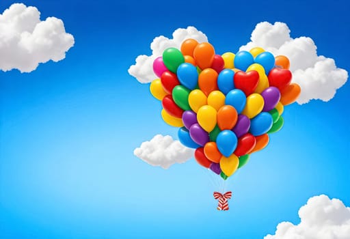 AI generated of rainbow collored balloons in the shape of a heart in the sky