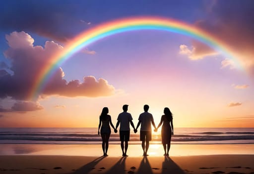 AI generated of four people standing on the beach holding hands in front of a rainbow