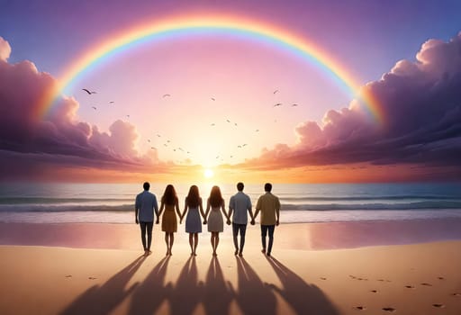 AI generated of a group of people standing on the beach with a rainbow in the sky