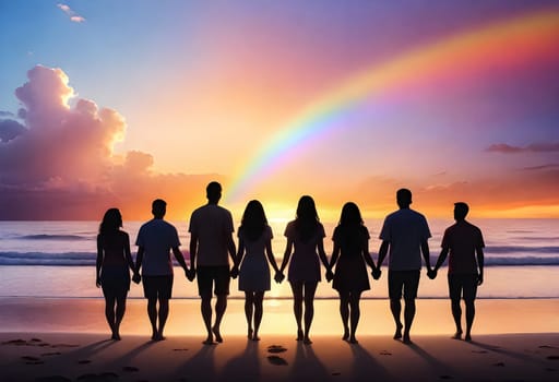 AI generated of a group of people standing on the beach holding hands