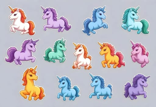 AI generated of a collection of colorful unicorns with different colors on gray background