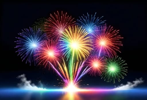 AI generated of colorful fireworks on the water with smoke coming out