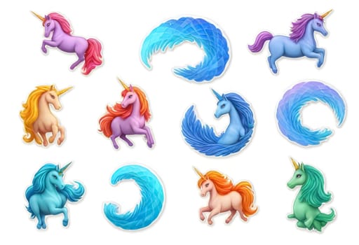 AI generated of unicorn stickers set in rainbow colored on white background