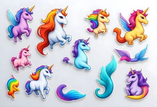 AI generated of a collection of unicorn stickers set on white background