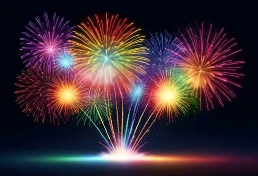 AI generated of fireworks are seen in the sky with rainbow colored fireworks