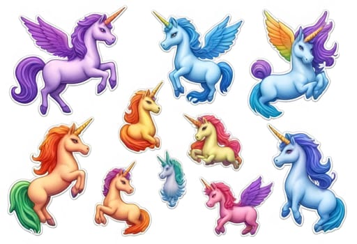 AI generated of a collection of unicorn stickers set of different colors