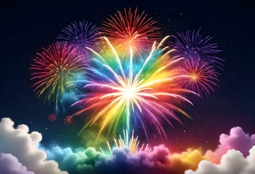 AI generated of colorful fireworks in the dark sky with clouds