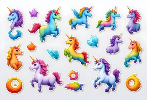 AI generated of a collection of colorful unicorn stickers set