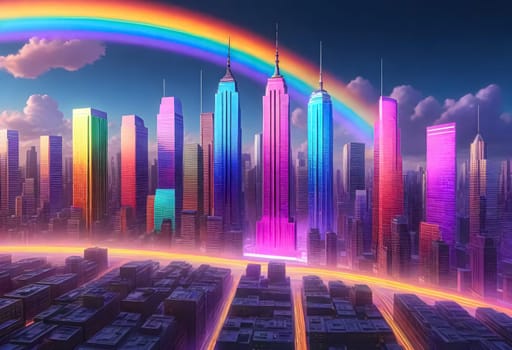 AI generated of a rainbow is shown in the sky above a city