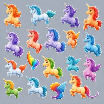 AI generated of a collection of colorful unicorns on a gray background