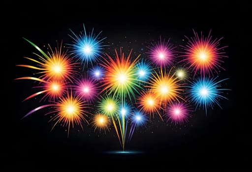 AI generated of rainbow colored fireworks on black background