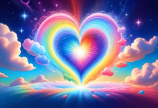 AI generated of a heart shaped rainbow colored heart with clouds and stars