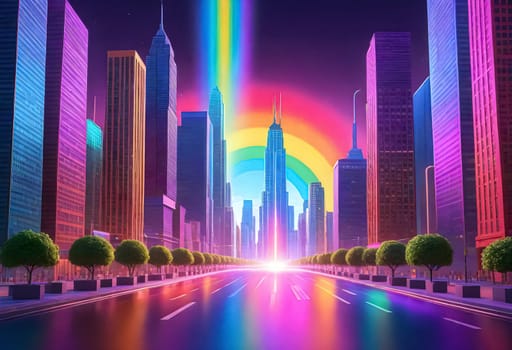 AI generated of a rainbow is shining in the sky over a city street